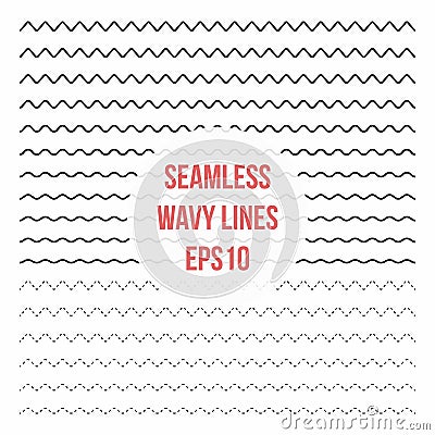 Wavy lines set. Horizontal seamless thin zig zag, criss cross and wavy lines for brushes Vector Illustration