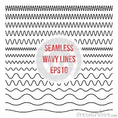 Wavy lines set. Horizontal seamless thin zig zag, criss cross and wavy lines for brushes Vector Illustration