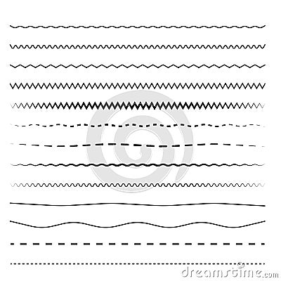 Wavy lines set. Various zigzag patterns. Black simple strokes. Seamless horizontal. Vector Illustration