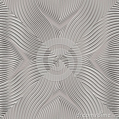 Wavy lines textured 3d seamless pattern. Vector embossed light background. Grunge relief repeat backdrop. Wavy lines and curves Vector Illustration