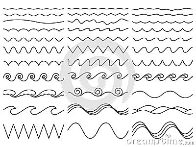 Wavy lines. Wiggly border, curved sea wave and seamless billowing ocean waves vector illustration set Vector Illustration