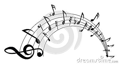 Wavy musical staff with notes on a white background. Vector Vector Illustration