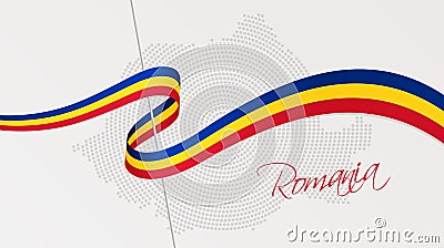 Wavy national flag and radial dotted halftone map of Romania Vector Illustration