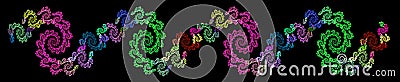 Wavy pattern of multicolored spirals on a black background. Abstract fractal background. 3D rendering. Cartoon Illustration