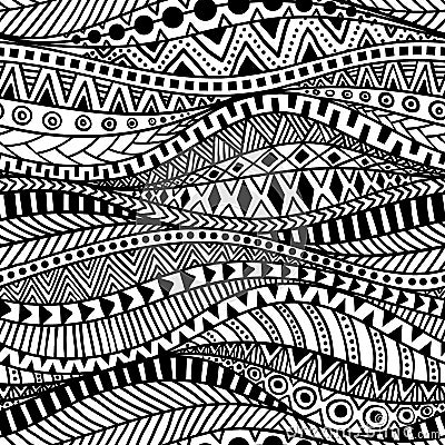 Wavy seamless ethnic pattern. Black and white print for textiles Vector Illustration