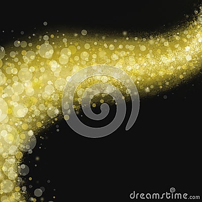 Wavy streak of gold light with gold white and yellow round circles or bubbles on black background Stock Photo
