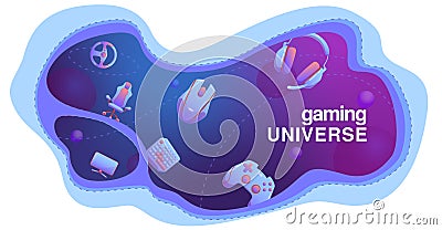 Wavy template with flat Gaming gadgets on modern blue and violet background like gaming universe, on isolated background Vector Illustration