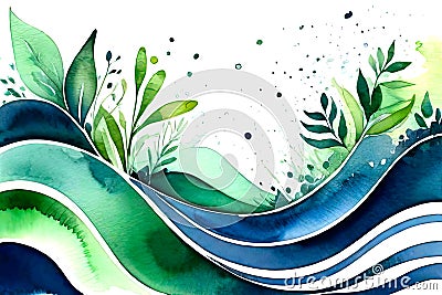 Wavy whimsical artistic texture with herbal elements. Creative colorful background. Watercolor art Stock Photo