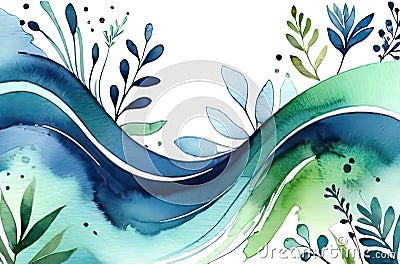 Wavy whimsical artistic texture with herbal elements. Creative colorful background. Watercolor art Stock Photo