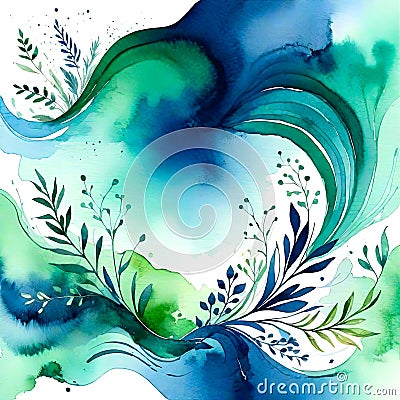 Wavy whimsical artistic texture with herbal elements. Creative colorful background. Watercolor art Stock Photo