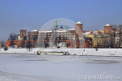Wawel Castle in Krakow and frozen Vistula river Stock Photo