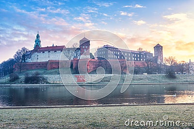 Wawel royal castle in Krakow, sunrise with dramatic sky, Poland Stock Photo