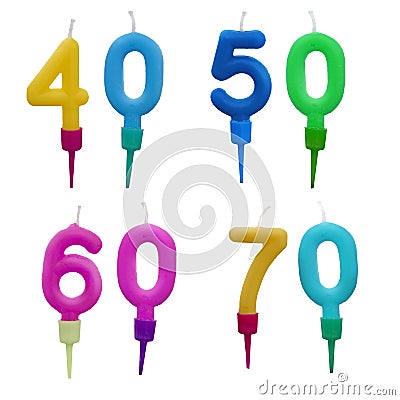 Wax birthday cake candles, numbers, isolated on white background. Forty, fifty, sixty, seventy. Stock Photo