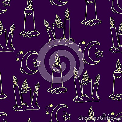 Wax candle and Moon seamless pattern. Burning wax light in church vector illustration. Hand drawn glim and crescent wallpaper Cartoon Illustration