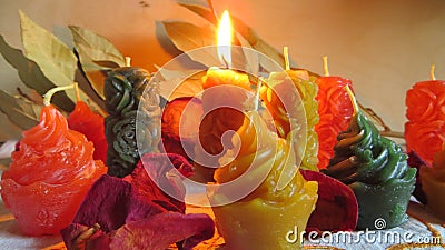 Wax candles and decorations in a simple composition Stock Photo