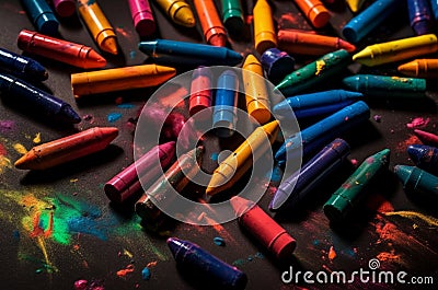 Wax colorful crayons on dark surface. Generate ai Stock Photo