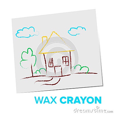 Wax Crayon Child Drawind Vector. My House. Family. Isolated Flat Cartoon Illustration Vector Illustration