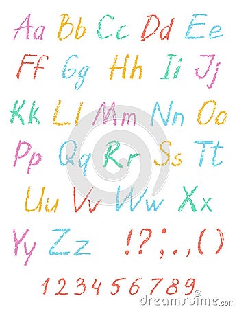 Wax crayon child`s drawing alphabet. Pastel chalk font. ABC drawing letters. Vector Illustration