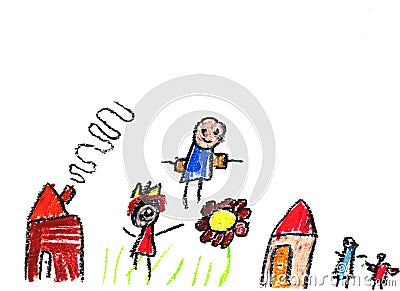 Wax crayon child`s hand drawn houses, grass, colourful flowers and happy family Stock Photo