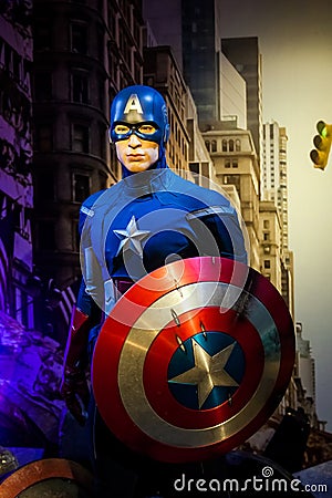 Wax figure of Chris Evans as Captain America in Madame Tussauds Wax museum in Amsterdam, Netherlands Editorial Stock Photo