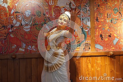 Wax figure of Indian woman perform Kerala Mohiniyattam dance with traditional makeup. Mohiniattam artist performance : Kochi India Editorial Stock Photo