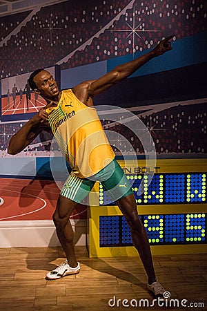 Wax figure of Usain Bolt at Madame Tussaud Editorial Stock Photo