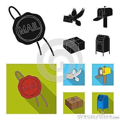 Wax seal, postal pigeon with envelope, mail box and parcel.Mail and postman set collection icons in black, flat style Vector Illustration