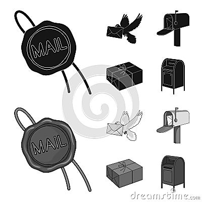 Wax seal, postal pigeon with envelope, mail box and parcel.Mail and postman set collection icons in black,monochrom Vector Illustration