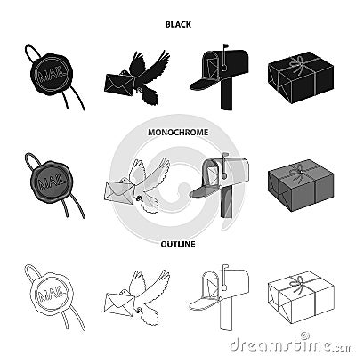 Wax seal, postal pigeon with envelope, mail box and parcel.Mail and postman set collection icons in black,monochrome Vector Illustration