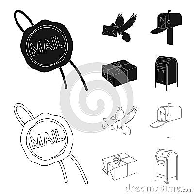 Wax seal, postal pigeon with envelope, mail box and parcel.Mail and postman set collection icons in black,outline style Vector Illustration