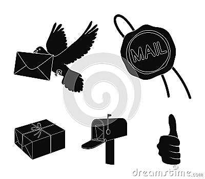 Wax seal, postal pigeon with envelope, mail box and parcel.Mail and postman set collection icons in black style vector Vector Illustration