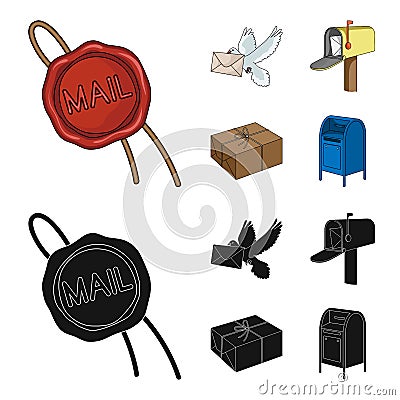 Wax seal, postal pigeon with envelope, mail box and parcel.Mail and postman set collection icons in cartoon,black style Vector Illustration