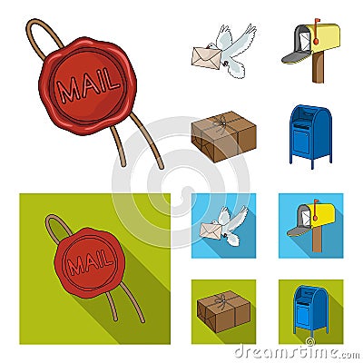 Wax seal, postal pigeon with envelope, mail box and parcel.Mail and postman set collection icons in cartoon,flat style Vector Illustration