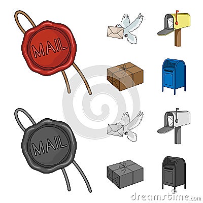 Wax seal, postal pigeon with envelope, mail box and parcel.Mail and postman set collection icons in cartoon,monochrome Vector Illustration