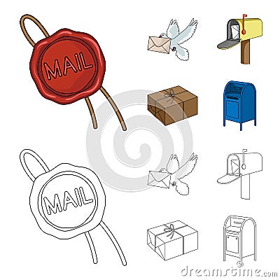 Wax seal, postal pigeon with envelope, mail box and parcel.Mail and postman set collection icons in cartoon,outline Vector Illustration