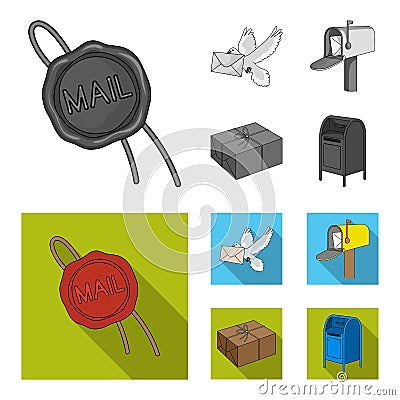 Wax seal, postal pigeon with envelope, mail box and parcel.Mail and postman set collection icons in monochrome,flat Vector Illustration