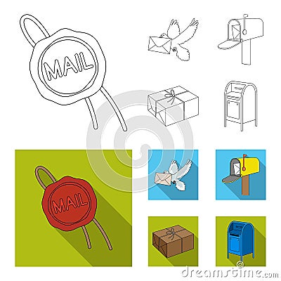 Wax seal, postal pigeon with envelope, mail box and parcel.Mail and postman set collection icons in outline,flat style Vector Illustration