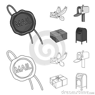 Wax seal, postal pigeon with envelope, mail box and parcel.Mail and postman set collection icons in outline,monochrome Vector Illustration