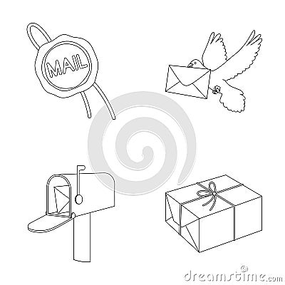 Wax seal, postal pigeon with envelope, mail box and parcel.Mail and postman set collection icons in outline style vector Vector Illustration