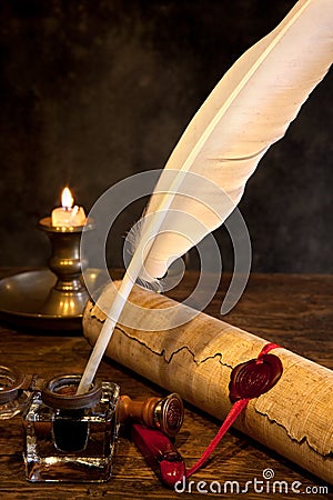 Wax seal and quill pen Stock Photo