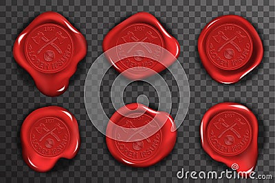 Wax seal stamp red certificate sign transparent background mockup icons set 3d realistic design vector illustration Vector Illustration