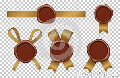 Wax stamp and gold ribbons. Sealed brown rubber postal stamps with tapes vector realistic 3d pictures Vector Illustration