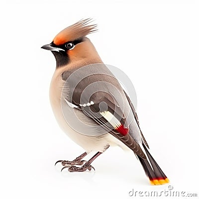 Waxwing Bombycilla garrulus, beautiful wild songbird bird, portrait, isolated on white Stock Photo