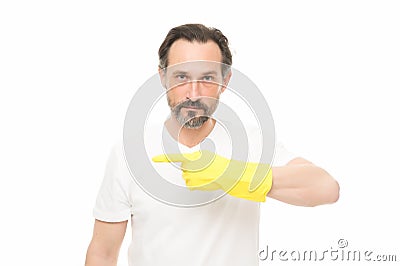 This way. Antibacterial cleaner. Bearded guy cleaning home. Bearded worker. On guard of cleanliness. Cleaning service Stock Photo