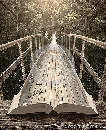 Way by the bridge in a forest on the pages of book, vintage Stock Photo