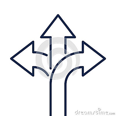 3 way decision opportunity option line arrow. Three way direction vector path choice sign. Vector Illustration