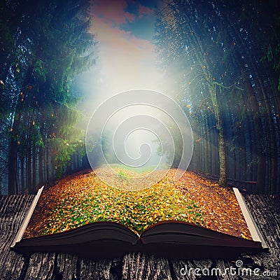 Way through the fairytale forest on the book Stock Photo