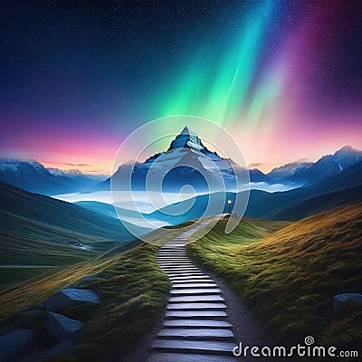 way path to heaven under starry sky with norther light Cartoon Illustration