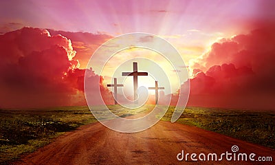 The Way to God.Highway to Heaven. Red sky at sunset. Beautiful landscape with road.Jesus cross concept. A road leads up to cross Stock Photo