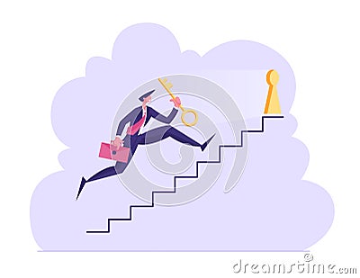 Way to Success Concept. Businessman Character Carry Golden Key Upstairs to Unlock Keyhole. Leadership Career Growth Vector Illustration